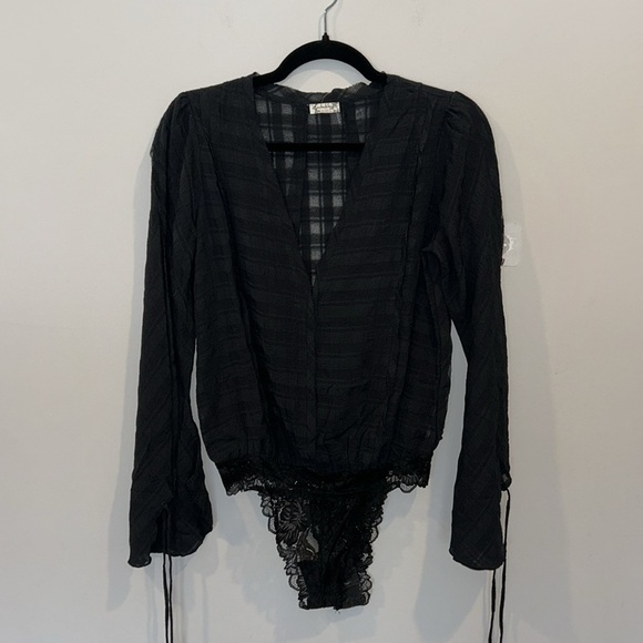 Free People Intimately Check Sheer Cinch Sleeve Bodysuit Black - Picture 3 of 8